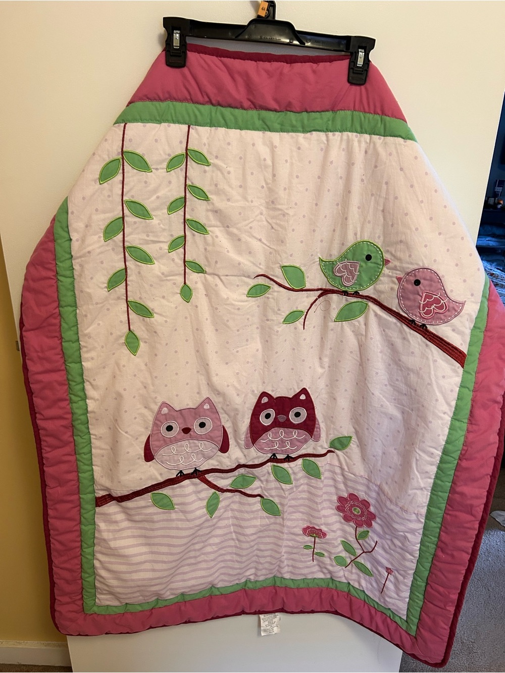 Pink and Green Owl & Bird Quilted Baby Throw Blanket
